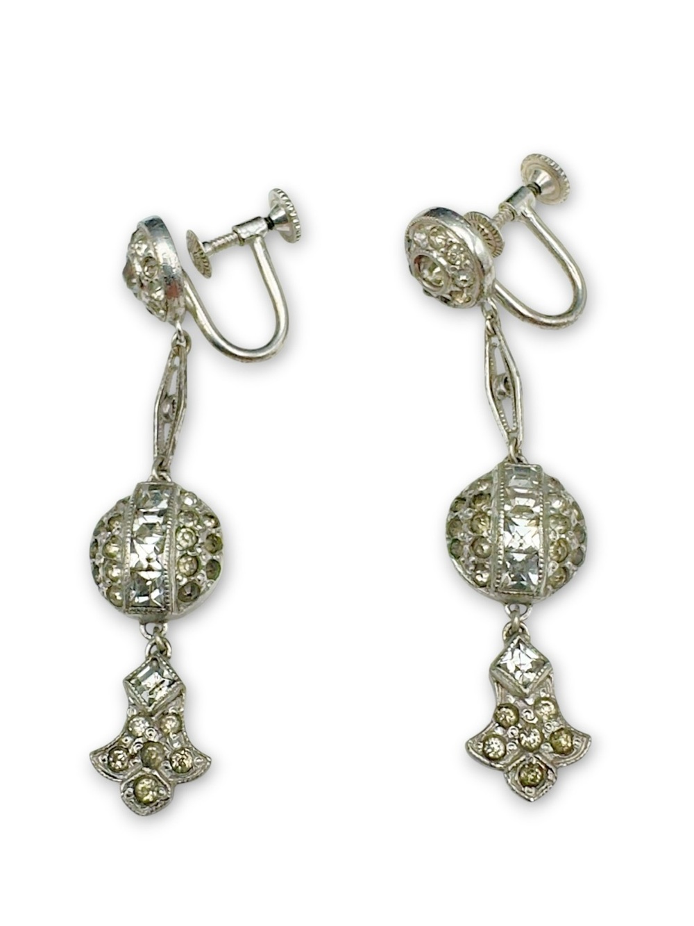 Vintage Hallmarked Sterling Clear Paste Art Deco Dangle Screw Back Earrings
